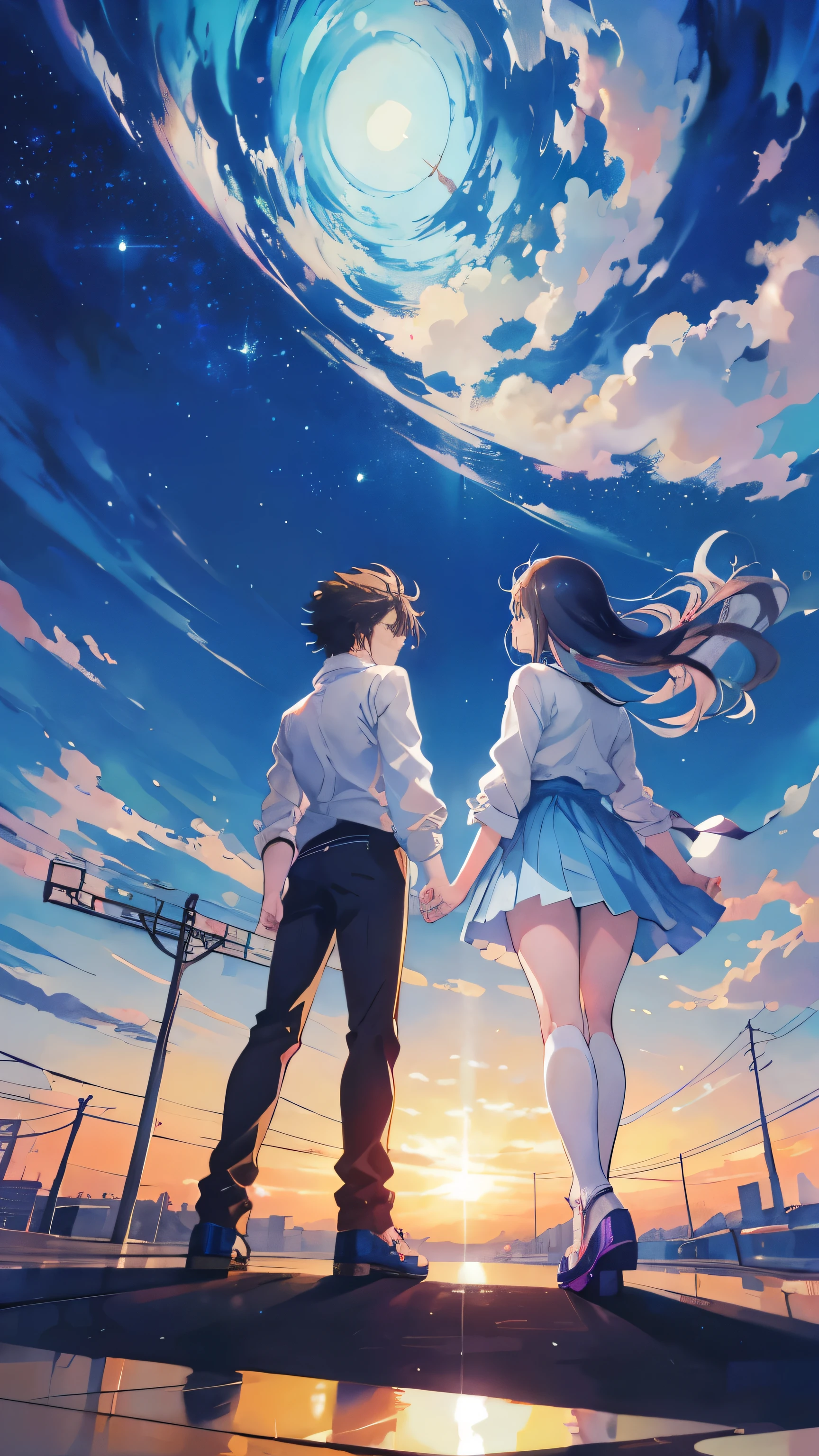 anime scene of two people on a platform with a sky background, concept art inspired by Takeshi Obata, pixiv, neo-dada, hirohiko araki art, hirohiko araki artwork, haibane renmei, tekkon kinkreet, hirohiko araki style, studio gainax illustration, studio gainax art, gainax