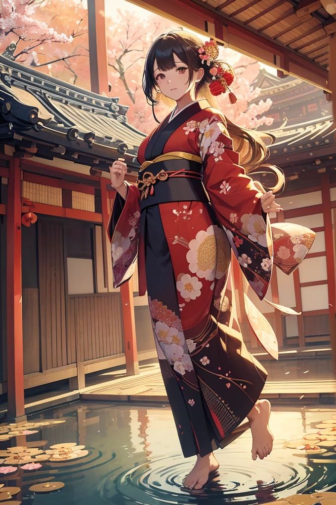 1woman, (((fullbody image))), red kimono with golden embroidery, ((((flying)))), (((((flying over traditional Japanese houses with tiled roofs))))), huge flowing hair adorned with flowers, (best quality:1.2), (4k, 8k, highres, masterpiece:1.2), ultra-detailed, (realistic, photorealistic:1.37), detailed face with flawless skin, beautiful almond-shaped eyes, elegant and graceful pose, intricate kimono patterns with floral and geometric designs, flowing hair with individual strands visible, dramatic lighting casting soft shadows, cinematic composition with dynamic angles, vibrant colors with rich reds and golds, fantasy, digital art, misty background with cherry blossom trees, delicate petals floating in the air, serene and tranquil atmosphere, subtle wind effect on clothing and hair