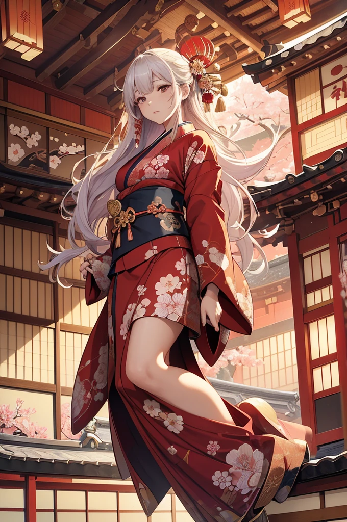 1woman, (((fullbody image))), red kimono with golden embroidery, ((((flying)))), (((((flying over traditional Japanese houses with tiled roofs))))), huge flowing hair adorned with flowers, (best quality:1.2), (4k, 8k, highres, masterpiece:1.2), ultra-detailed, (realistic, photorealistic:1.37), detailed face with flawless skin, beautiful almond-shaped eyes, elegant and graceful pose, intricate kimono patterns with floral and geometric designs, flowing hair with individual strands visible, dramatic lighting casting soft shadows, cinematic composition with dynamic angles, vibrant colors with rich reds and golds, fantasy, digital art, misty background with cherry blossom trees, delicate petals floating in the air, serene and tranquil atmosphere, subtle wind effect on clothing and hair