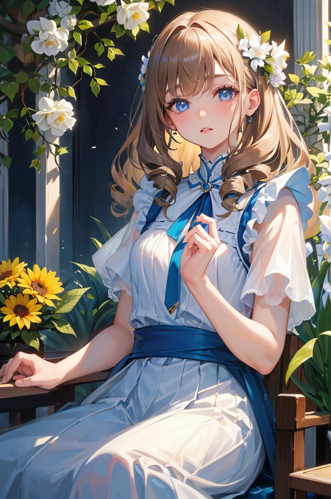 8K, Highest quality, masterpiece, Ultra-detailed、drill hair、Light brown hair、Medium hair,drill hair、full lips、Blue Eyes、18Year-old beauty、Portrait、、Flower garden、skirt、Random facial expressions