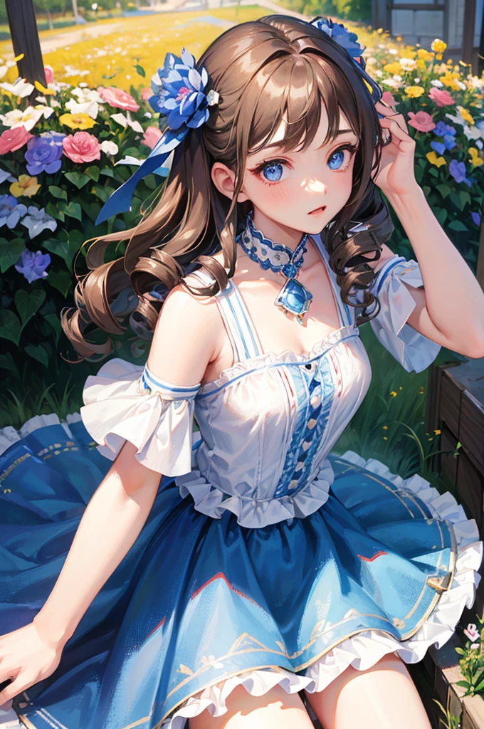 8K, Highest quality, masterpiece, Ultra-detailed、drill hair、Light brown hair、Medium hair,drill hair、full lips、Blue Eyes、18Year-old beauty、Portrait、、Flower garden、skirt、Random facial expressions