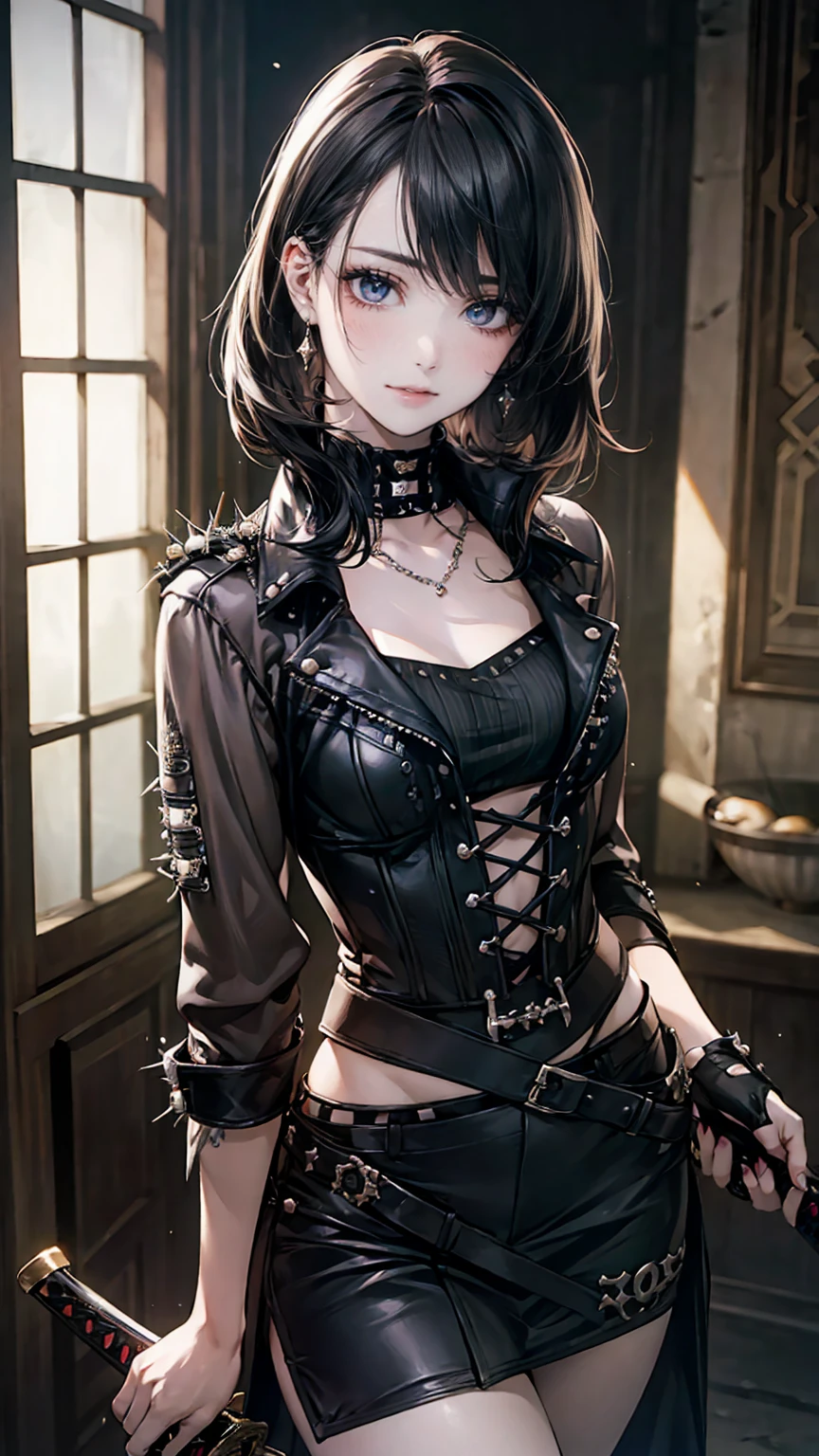 (masterpiece:1.2, highest quality), (realistic, photorealistic:1.4), beautiful illustrations, (natural side lighting, movie lighting), 
looking at the viewer, Upper body, (Front view), 1 girl, perfect face, Cute symmetrical face, shiny skin, baby face, long eyelash, (medium breasts), (wide hips:1.2),short cut hair,
beautiful hair, beautiful face, detailed and beautiful eyes, beautiful body, beautiful breasts, beautiful thighs, beautiful feet, beautiful fingers,
(beautiful scenery),(cute smile:1.3, upper eye), 18yo,pale skin,a woman in black corset and goth hair, with piercings, 1girl, solo, black hair, short hair, ring,(pierce:1.5),(punk style:1.5),(gothic dress),(black lips:1.5),((Having a Japanese sword))