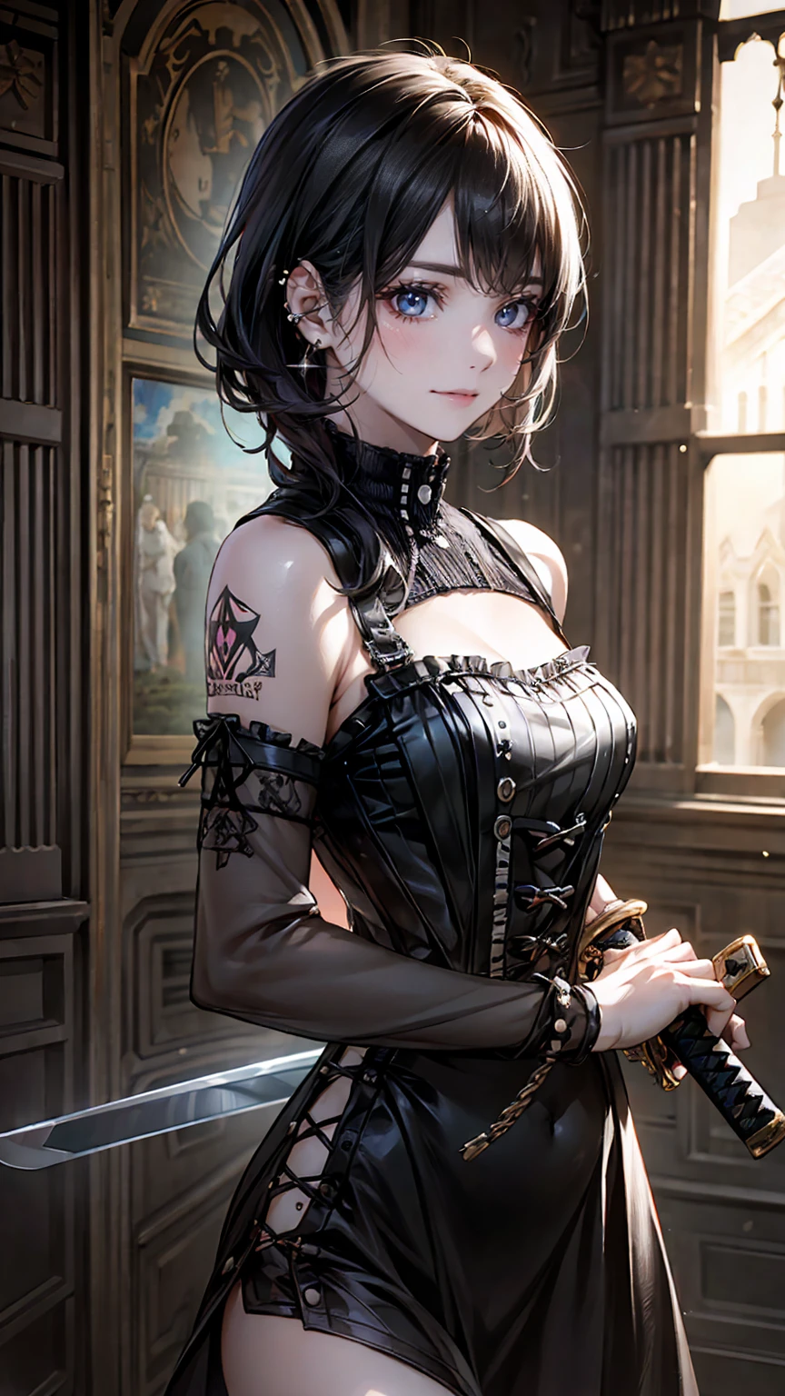 (masterpiece:1.2, highest quality), (realistic, photorealistic:1.4), beautiful illustrations, (natural side lighting, movie lighting), 
looking at the viewer, Upper body, (Front view), 1 girl, perfect face, Cute symmetrical face, shiny skin, baby face, long eyelash, (medium breasts), (wide hips:1.2),short cut hair,
beautiful hair, beautiful face, detailed and beautiful eyes, beautiful body, beautiful breasts, beautiful thighs, beautiful feet, beautiful fingers,
(beautiful scenery),(cute smile:1.3, upper eye), 18yo,pale skin,a woman in black corset and goth hair, with piercings, 1girl, solo, black hair, short hair, ring,(pierce:1.5),(punk style:1.5),(gothic dress),(black lips:1.5),((Having a Japanese sword))