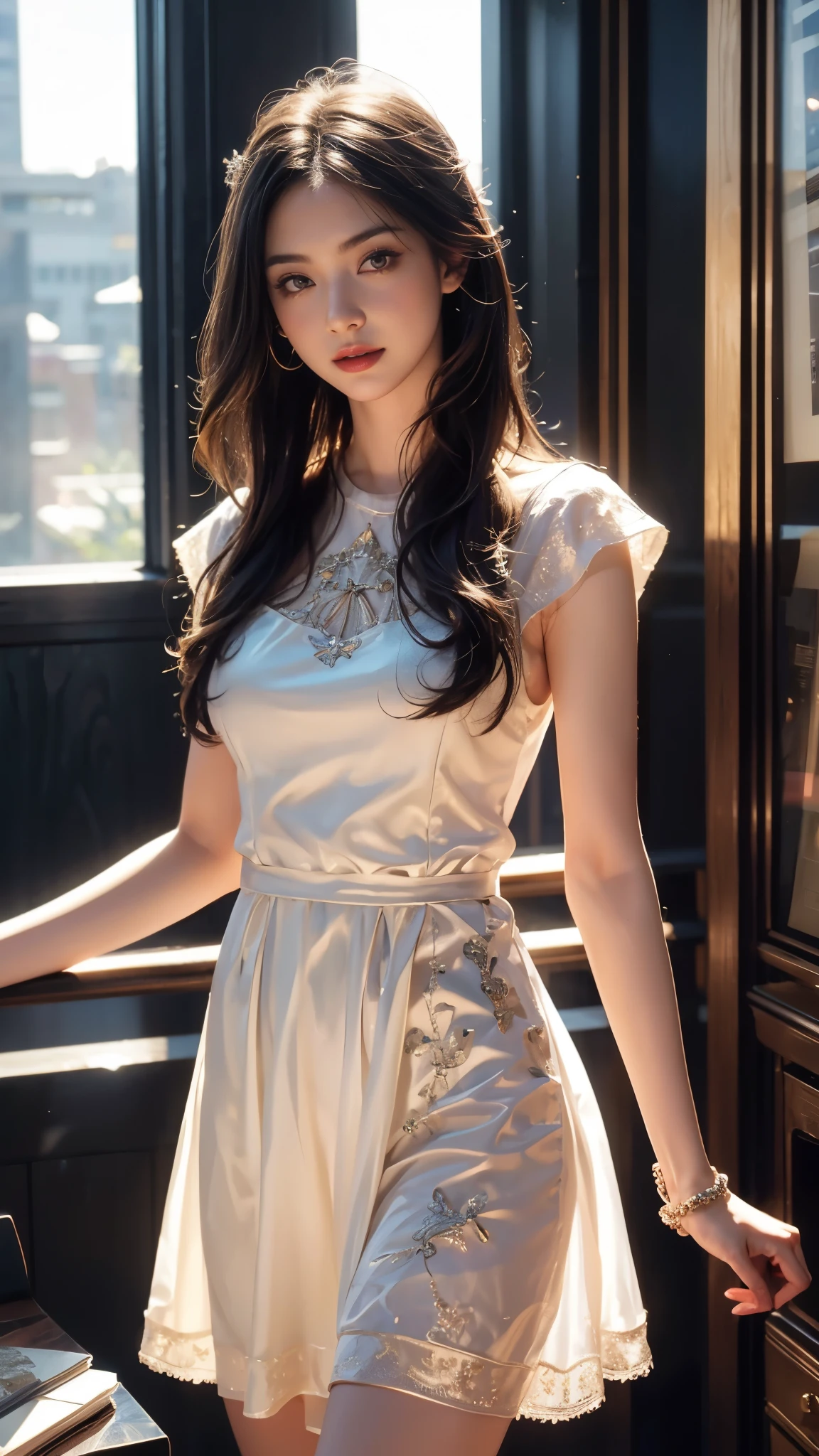 8K, UHD, MAsterpiece, best quality, 1 girl, (realistic face), happy pace, very long hair, small breasts, decorated dress, very beautiful ornaments dress, white color, lace, mesh dress, sardine, loops, in the balcony, ipllers, depth of field, cinematic lighting, chromatic aberration, motion blur, glowing light, god rays, ray tracing, reflection light, backlighting, knee short,