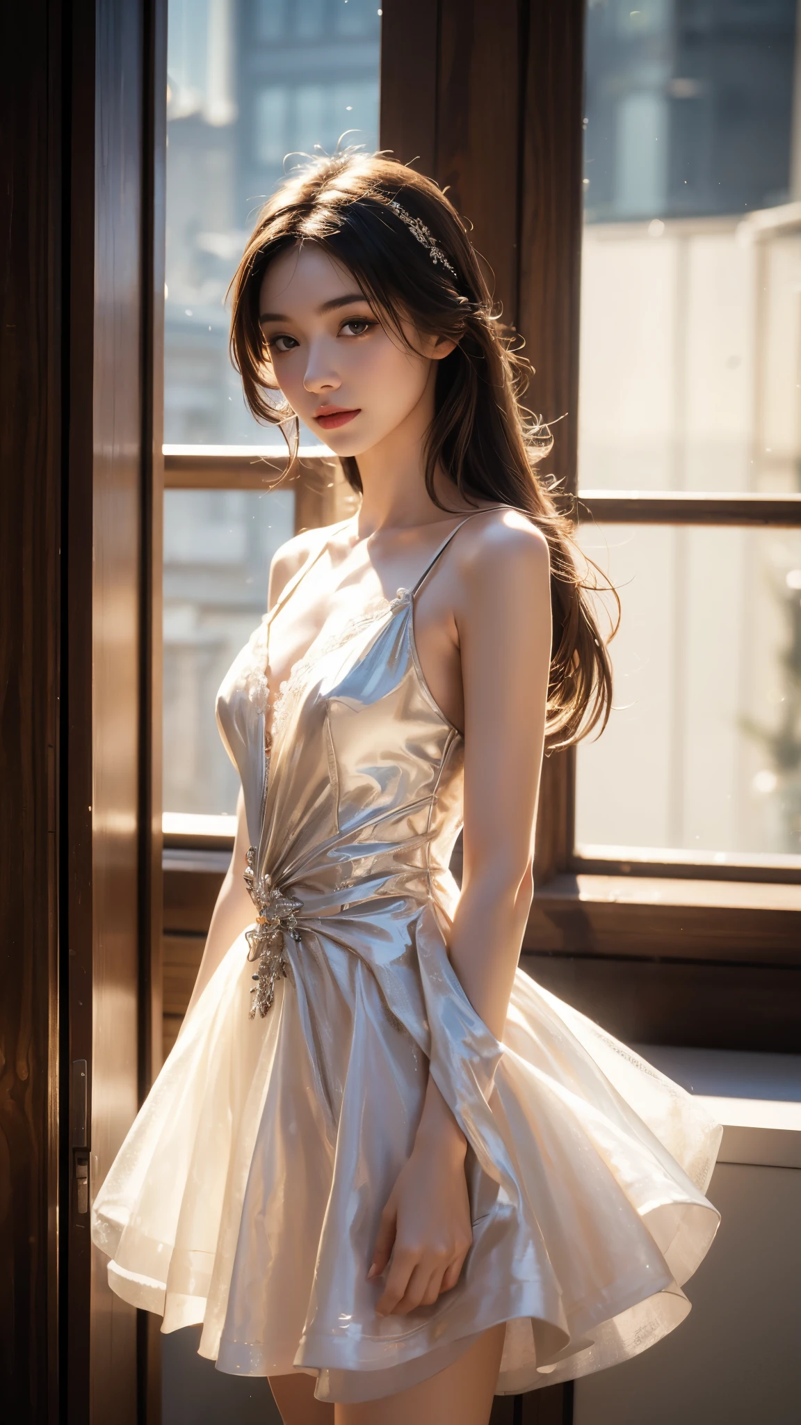 8K, UHD, MAsterpiece, best quality, 1 girl, (realistic face), happy pace, very long hair, small breasts, decorated dress, very beautiful ornaments dress, silver color, lace, mesh dress, sardine, loops, in the balcony, ipllers, depth of field, cinematic lighting, chromatic aberration, motion blur, glowing light, god rays, ray tracing, reflection light, backlighting, knee short,