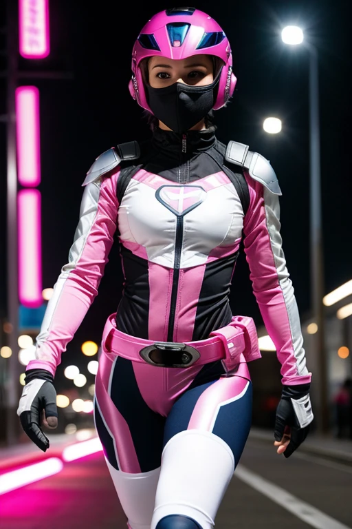 ((best quality)), ((masterpiece)), (detailed), 1 girl, full body, 20s, young adult, masked, black mask covering her entire head, smooth head, biker helmet, biker helmet with blue headphones on the sides, flashlight on her forehead, short pink hair coming out of her helmet, face, black collar, tall, slim, athletic, circles on her wrists, pink details, black fingerless gloves, pink wristbands, nanotech speedster suit that resembles light armor, blue chest with an emblem, blue chest, black suit with pink lines, pink speed emblem on her chest, pink emblem, blue pants, gray knee pads, metallic pink boots, white superhero belt, running through the city, pink light trail, laser, city background, anime

