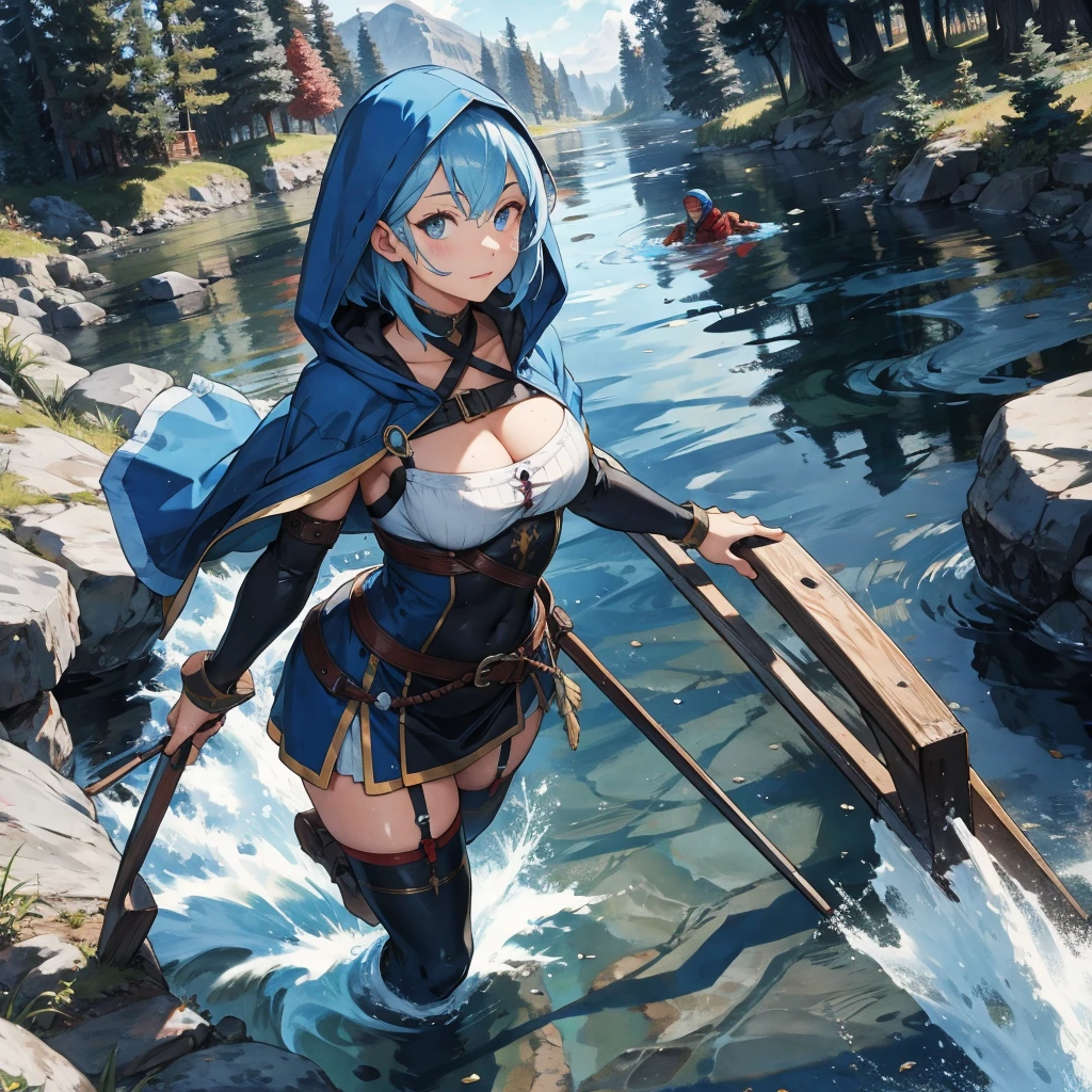 female water dwarf in the river with medieval adventurer outfit hood