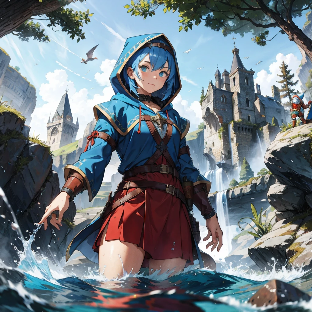 female water dwarf in the river with medieval adventurer outfit hood