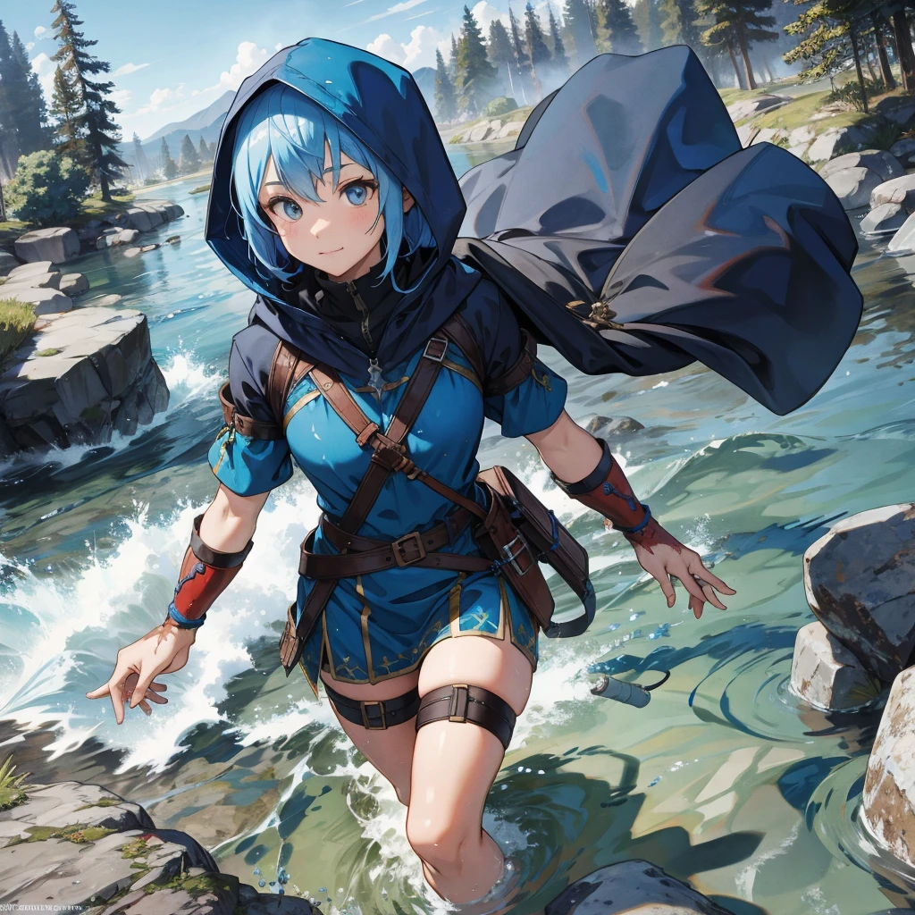 female water dwarf in the river with medieval adventurer outfit hood