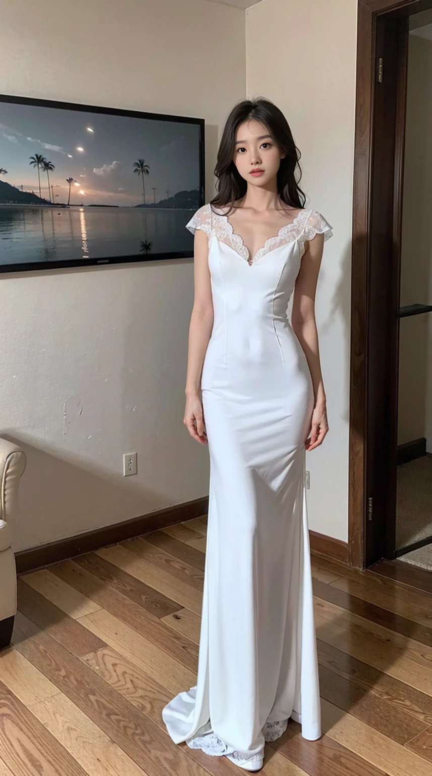 (8K,tmasterpiece,RAW photos,best qualtiy,the detail:1.2),Korean female model,Height 175 cm,perfect bodies,Long legs,wavy and long hair,Standing on wooden stairs in wedding dress and high heels, Wearing a white mermaid wedding dress, v-neck dress style, Lace material, long tail, full body, in white room with indoor decorative palm tree,Stand upright and look straight.
