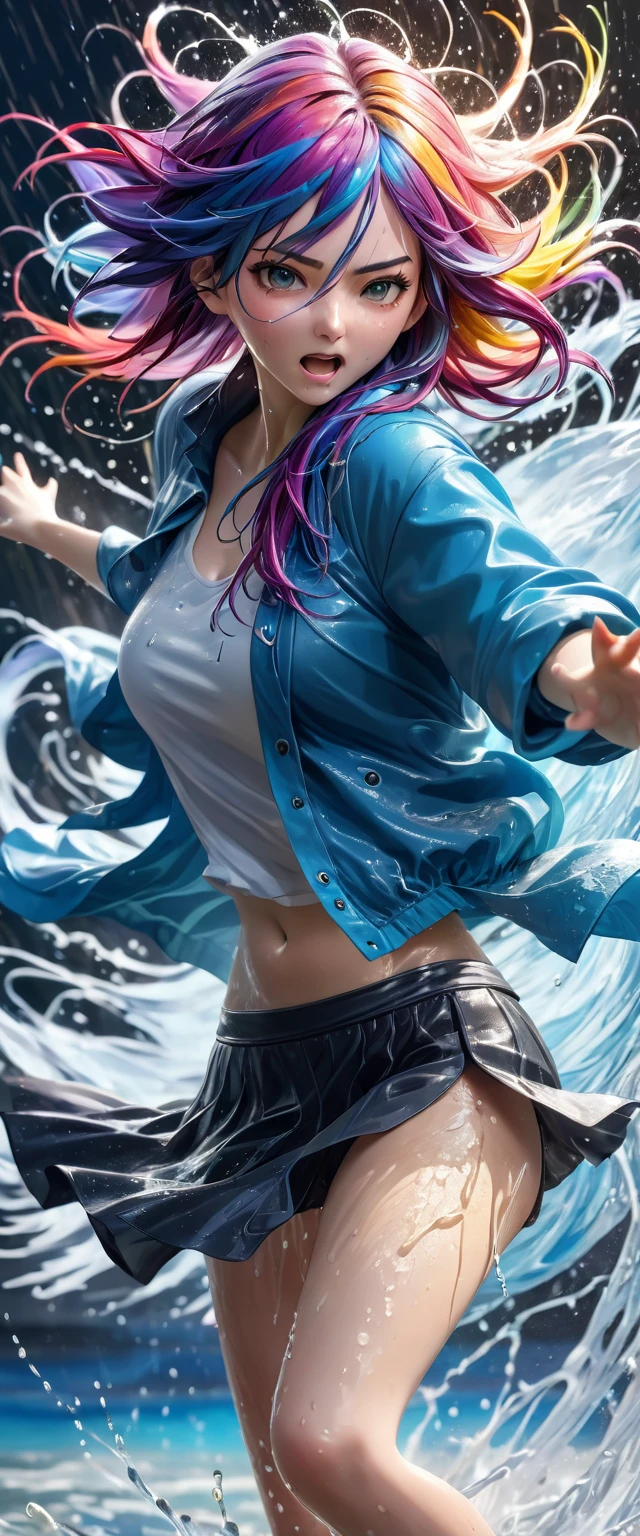 A girl in a fighting pose, with dynamic and chaotic movements, attacking with water, wet hair and clothes, water splashing behind her, multicolored hair blowing in the wind, detailed facial features, masterpiece, best quality, photorealistic, ultra-detailed, physically-based rendering, vivid colors, studio lighting