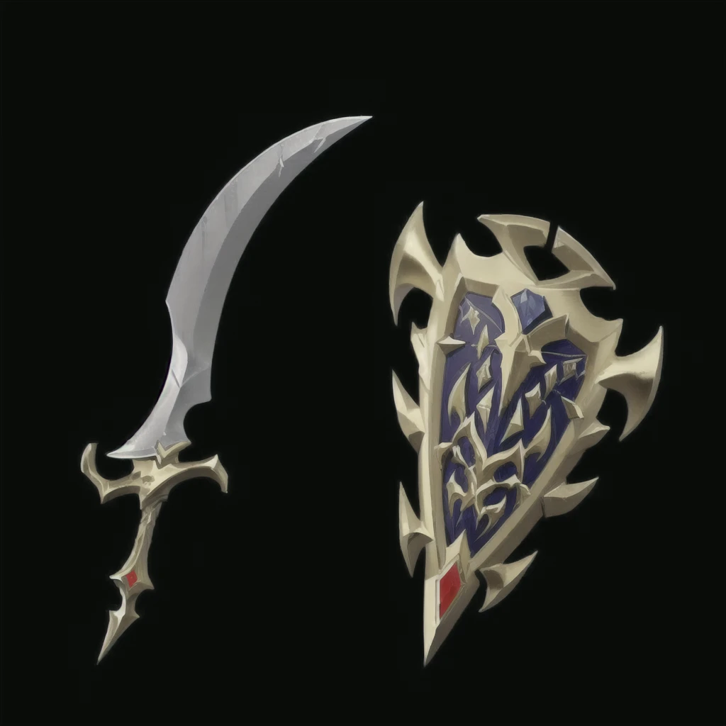 a close up of a sword and a shield on a black background, sword and shield, fantasy rpg weapon art, rpg game item, rpg item render, daggers, war blade weapon, weapons concept art, fantasy weapon, epic fantasy weapon art, shinning sword, armored sword blade, sword design, fantasy blade, magic artifacs and magic weapons, gold sword