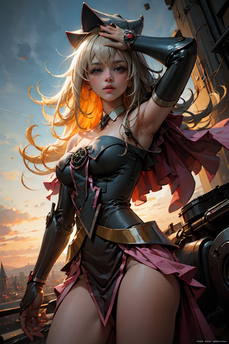 Masterpiece, The best quality,
1Girl Dark Wizard Gils, only, long hair, blond hair, photorealistic, 
(Beautiful finely detailed eyes: 1.2),open clothing, bright Eyes, shiny hair, Glossy skin, Metal construction, wires and cables, (bright Eyes), (mechanical arms), Science fiction,(Large mecha arm),cowboy shot, energy tank,