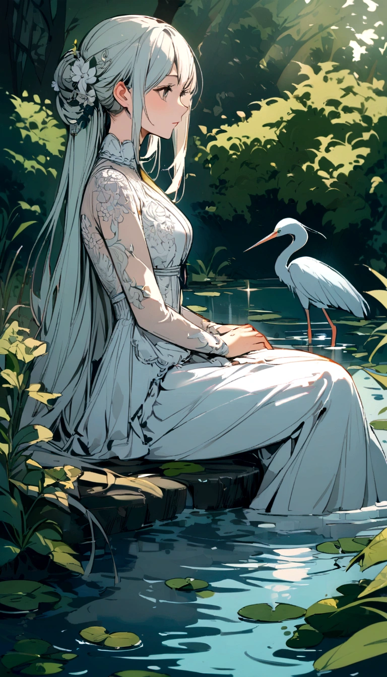 girl in a pond with a heron