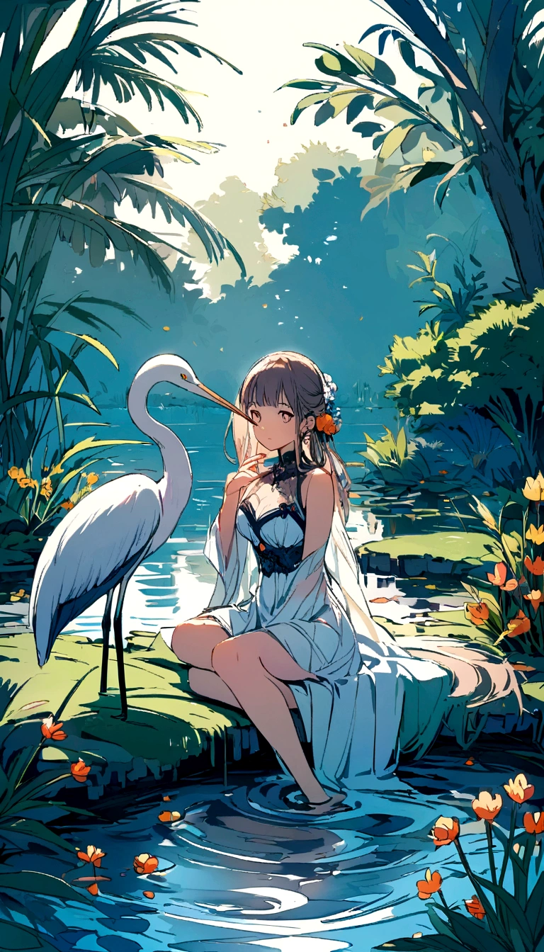 girl in a pond with a heron
