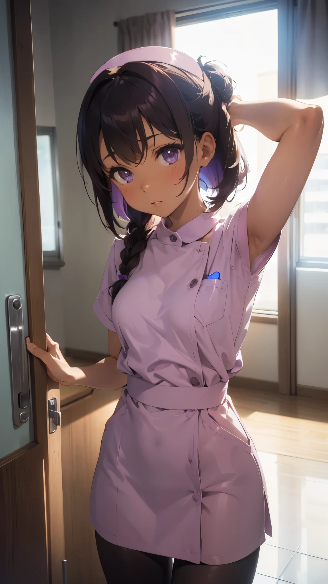 (nsfw), (perfect anatomy, balanced proportions, extremely cute illustration:1.1), dark skin, brown hair, purple eyes, medium hair, ahoge, side braid, hair bow, arms behind head, armpits, nurse uniform, black pantyhose, hospital, 
