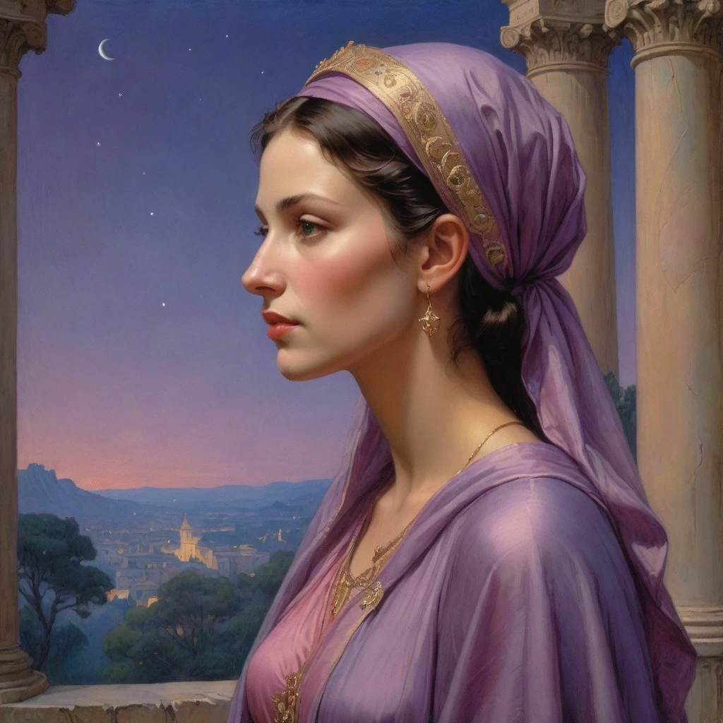 Masterpiece, (realistic), (propaganda poster), ((Moebius Jean Giraud)), ((((haughty upright profile portrait of a veiled Roman woman, young, priestess, sensual, imposing, dignified, proud, arrogant, wearing silk, purple and pink robes with detailed crescent moon, star elements, petting a cat)))), ((Corinthian columns, jungle, dusk background, moths))