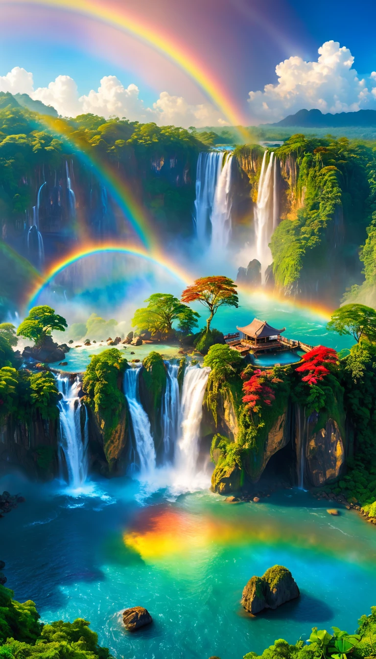 Highestのリゾート地の風景photograph,Beautiful sea,A beautiful sky spreads out,dream-like,summer,cloud,Sky blue,Marine blue,wonderful景色が広がる,Luxury Resorts,Extravagant space,Surrounded by abundant nature,Highest品質,photograph,Structurally correct,Perfect composition,広告用に撮影されたphotograph,Beautiful light and shadow,Photographed by a professional photographer,Highestのリゾート地に選ばれた,Rich colors,Cast colorful spells,detailed,wonderful,wonderful,An island in the sky,Light effects,Sparkling,reflection,Highest,waterfall,rainbow