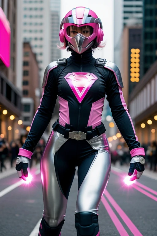 ((best quality)), ((masterpiece)), (detailed), 1 girl, full body, 20s, young adult, masked, black mask covering her entire head, smooth head, biker helmet, biker helmet with blue headphones on the sides, flashlight on her forehead, short pink hair coming out of her helmet, face, black collar, tall, slim, athletic, circles on her wrists, pink details, black fingerless gloves, pink wristbands, nanotech speedster suit that resembles light armor, blue chest with an emblem, blue chest, black suit with pink lines, pink speed emblem on her chest, pink emblem, blue pants, gray knee pads, metallic pink boots, white superhero belt, running through the city, pink light trail, laser, city background, anime