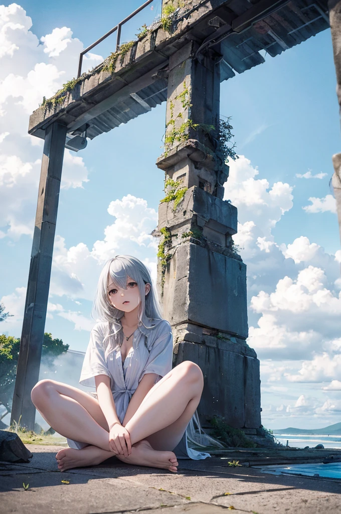One Girl、Highest quality、masterpiece、A thin tower stretching high into the sky、Cylindrical tower、sea of clouds、blue sky、Sitting cross-legged、Hair blowing in the wind、Gray Hair、Girl staring into the distance、White clothes、barefoot、Full body angle、sea of clouds