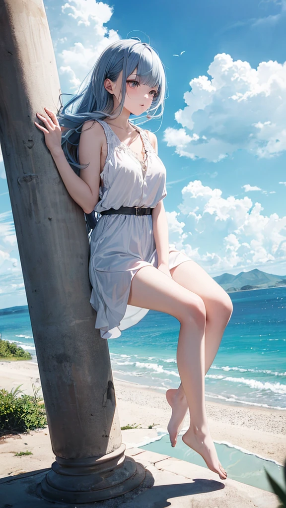 One Girl、Highest quality、masterpiece、Perfect Anatomy、Girl sitting on a pillar、A thin pillar stretching high into the sky、Mysterious cylindrical pillar、Height 3000m、sea of clouds、blue sky、Sitting cross-legged、Hair blowing in the wind、Gray Hair、Girl staring into the distance、White clothes、barefoot、Full body angle、sea of clouds