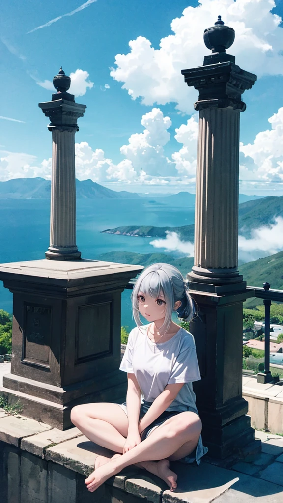 One Girl、Highest quality、masterpiece、Perfect Anatomy、Girl sitting on a pillar、A thin pillar stretching high into the sky、Mysterious cylindrical pillar、Height 3000m、sea of clouds、blue sky、Sitting cross-legged、Hair blowing in the wind、Gray Hair、Girl staring into the distance、White clothes、barefoot、Full body angle、sea of clouds