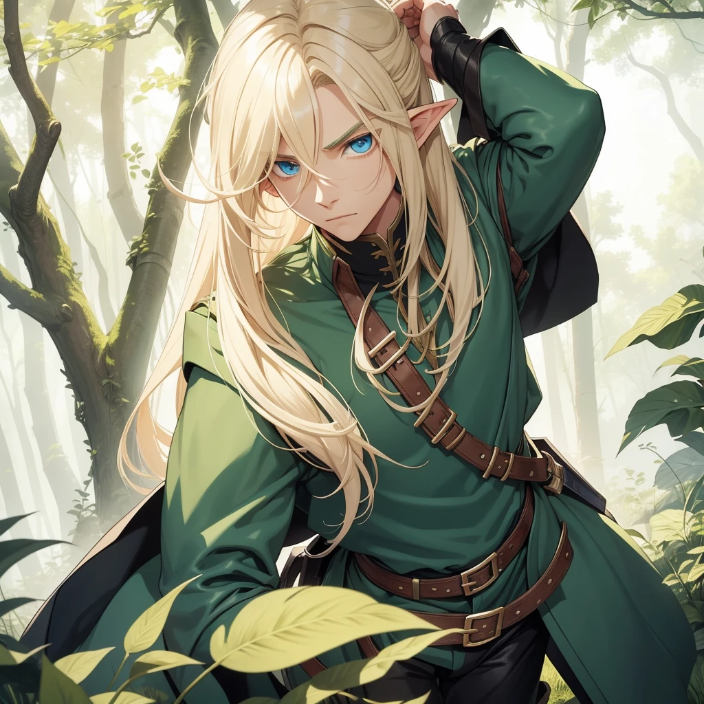A male elf that possesses flowing blonde hair and striking blue eyes, typical of his elven heritage. He dresses in supple, forest-green leather armor crafted for agility and stealth, complemented by dark trousers and sturdy boots that allow him to move swiftly through the dense underbrush of Evershade Forest.