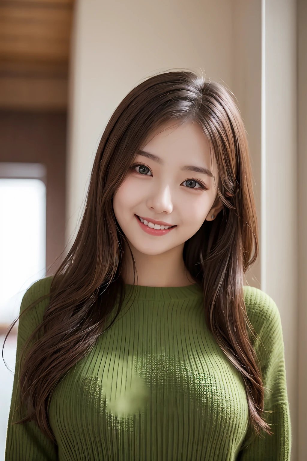 Beautifully detailed、High resolution portrait masterpiece of a girl with long hair。, Shiny brown hair and captivating green eyes, Wear a cozy sweater、She has a gorgeous smile that accentuates her small but perfectly shaped breasts..