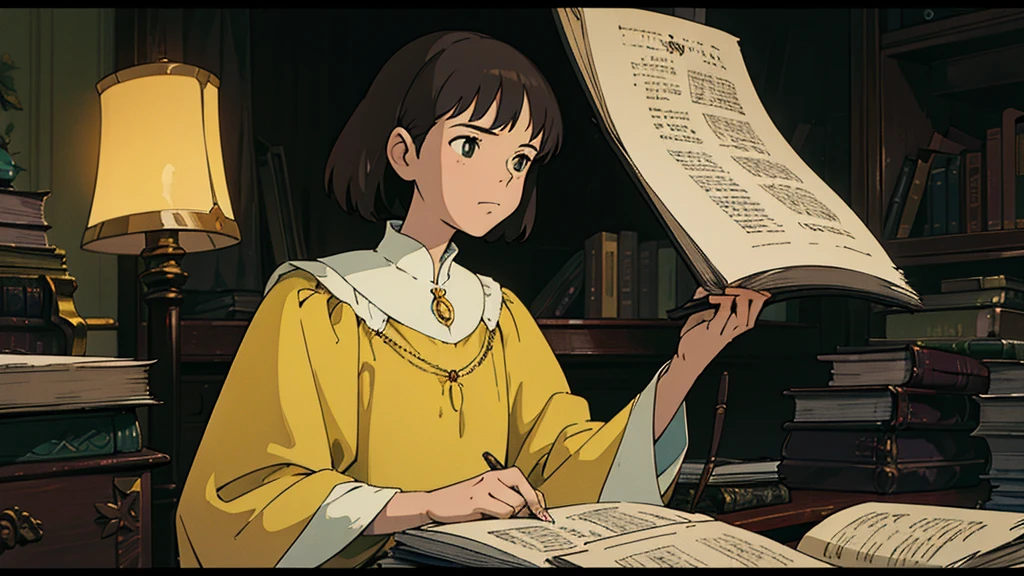A girl, ensconced in a cozy corner on a rainy evening, sits surrounded by a jumble of books with an intensely profound study attitude. The soft yellow glow of the desk lamp illuminates her thoughtful expression, revealing her deep concentration and composed posture. Her inquisitive eyes dart back and forth between the pages, her nimble fingers turning them with subtle tilt, as she absorbs the old world wisdom contained within. The timeworn margins and sultry aura of the books add to the quiet night ambiance, creating a peaceful and tranquil countenance. This scholarly young woman, clad in plain attire, appears to be a seeker of knowledge and intellect,Width cat