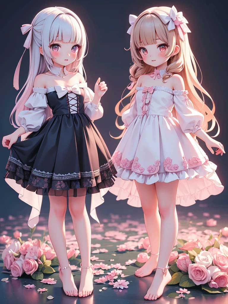 ((bishojo)), ((jk, 2 girls)), (masterpiece), (top quality), (hyper detailed), (exquisite), (depth), (crisp), (8k), (beautiful and aesthetic), (super detailed skin), (high standard), (high resolution), (perfect anatomy), ((full body)), (blush), (bare foot), (wariza), (lace strapless clothes), (blunt bangs), (bow in hair)