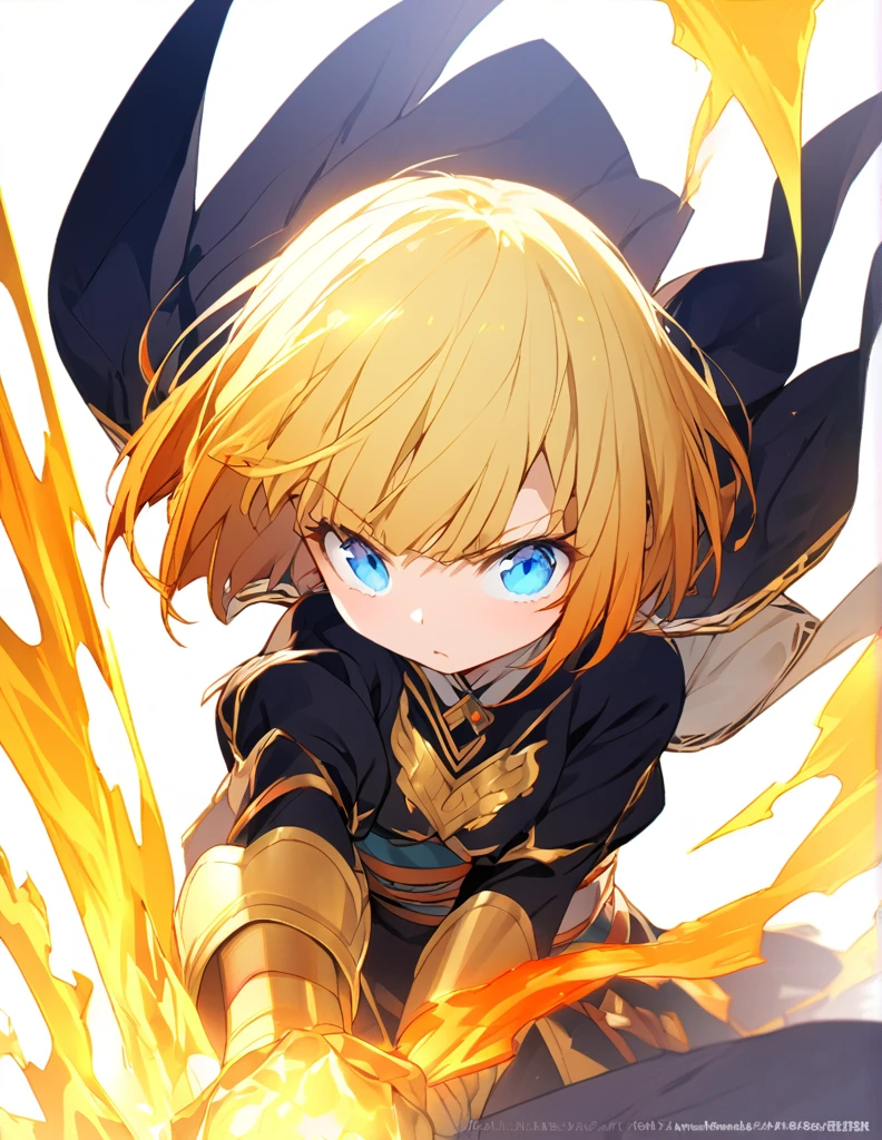 傑作 A girl fighting with golden flames (Short Bob Hair:1.4),(blue eyes)glowing flame big tits golden flame on fist Fist Shines