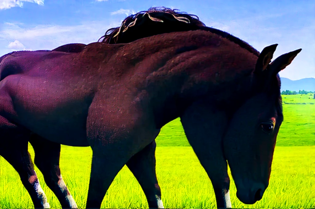  full figured very dark skinned African woman riding a big  Belgian draft horse  mare (side view). big bum. very short tail. horse facing horizon .   flat grass meadow. steaming horse dung behind horse.   cloudless blue sky. 