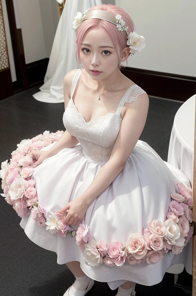 Haruno sakura, ((alone)), alone, bride, Wearing a white wedding dress, Queen, Happy, ((Show your forehead)), Are standing, Entering the Church, Pink Hair, short hair, delicate, young, short hair, Detailed face, High resolution, ((whole body)), (Flowers around her), whole body, she is a beautiful woman getting married, High quality face, beautiful, Shine