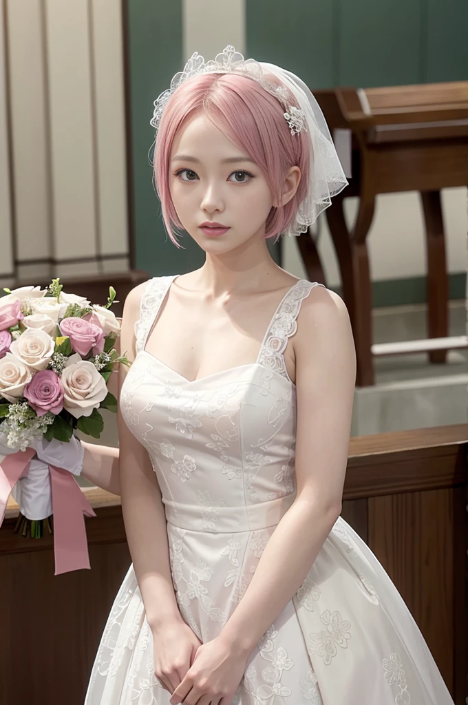 Haruno sakura, ((alone)), alone, bride, Wearing a white wedding dress, Queen, Happy, ((Show your forehead)), Are standing, Entering the Church, Pink Hair, short hair, delicate, young, short hair, Detailed face, High resolution, ((whole body)), (Flowers around her), whole body, she is a beautiful woman getting married, High quality face, beautiful, Shine