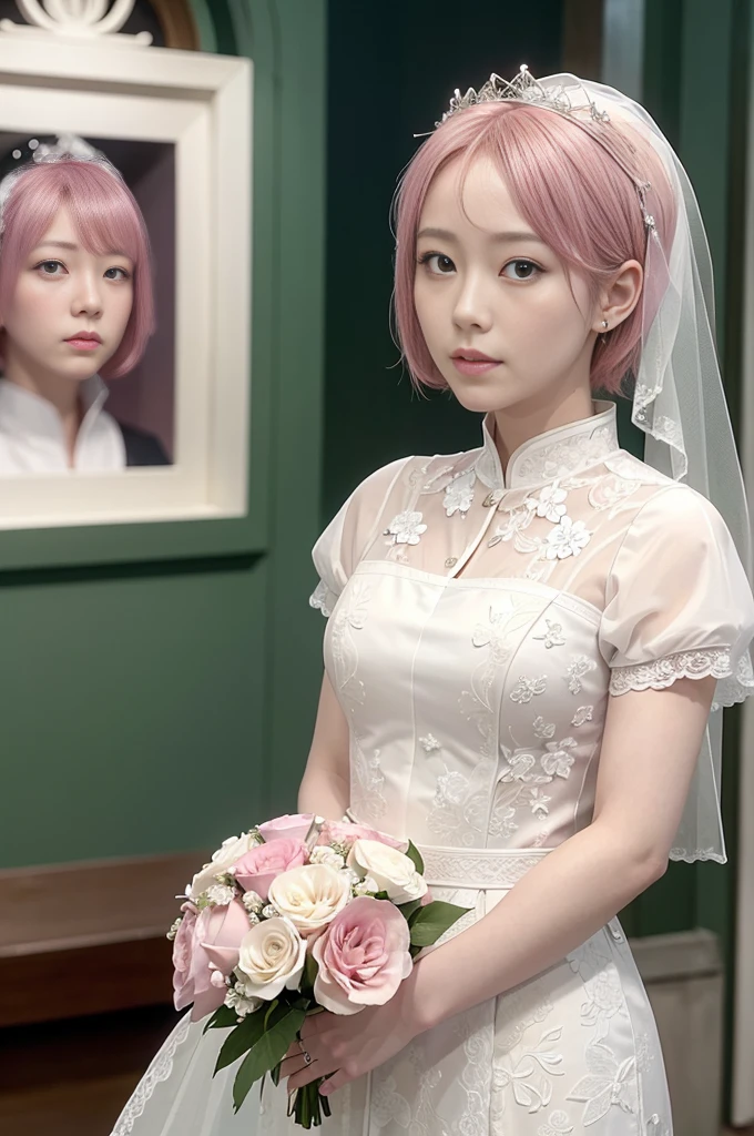 Haruno sakura, ((alone)), alone, bride, Wearing a white wedding dress, Queen, Happy, ((Show your forehead)), Are standing, Entering the Church, Pink Hair, short hair, delicate, young, short hair, Detailed face, High resolution, ((whole body)), (Flowers around her), whole body, she is a beautiful woman getting married, High quality face, beautiful, Shine