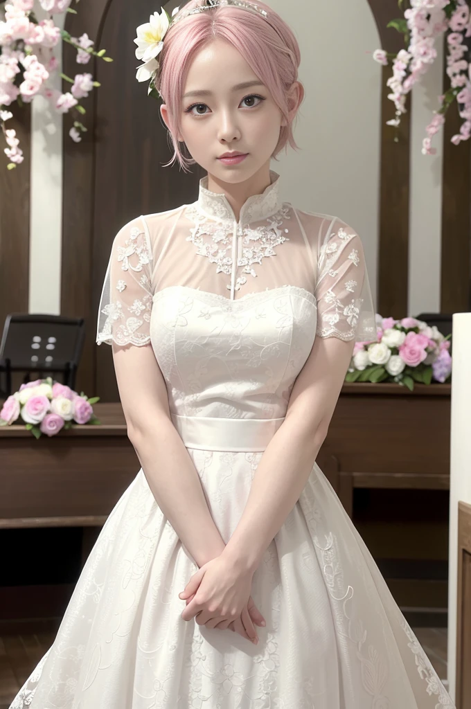 Haruno sakura, ((alone)), alone, bride, Wearing a white wedding dress, Queen, Happy, ((Show your forehead)), Are standing, Entering the Church, Pink Hair, short hair, delicate, young, short hair, Detailed face, High resolution, ((whole body)), (Flowers around her), whole body, she is a beautiful woman getting married, High quality face, beautiful, Shine