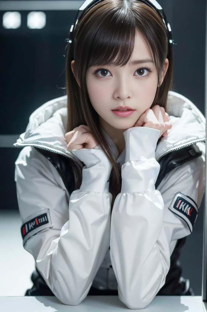 Browsing Caution,((Highest quality、In 8K、masterpiece:1.3))Wearing a silver-white mechanism,A girl with a beautiful face,Best image quality,Ultra Clear,The facial features are delicate and clear,Armageddon,Mechanical Arm,Exquisite detail,(Clatter toes)、Machine Pattern,cyber punk,Hmph