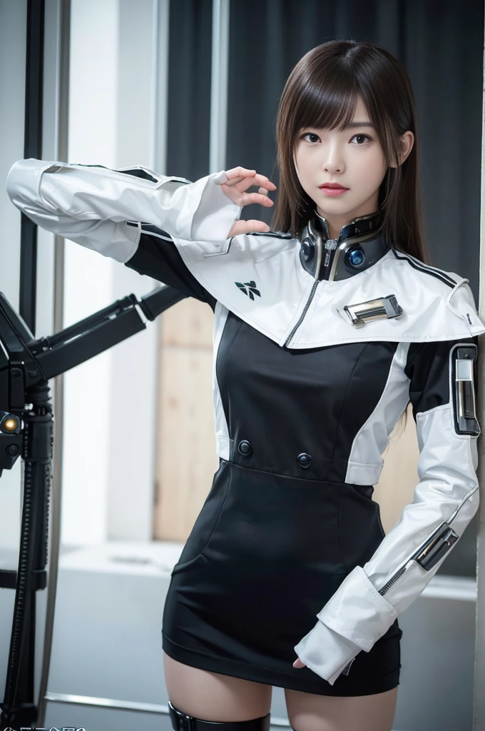Browsing Caution,((Highest quality、In 8K、masterpiece:1.3))Wearing a silver-white mechanism，A girl with a beautiful face，Best image quality，Ultra Clear，The facial features are delicate and clear，Armageddon，Mechanical Arm，Exquisite detail，(Clatter toes)、Machine Pattern,cyber punk,Hmph