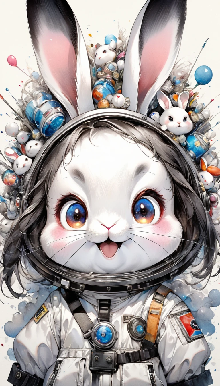 Highest quality, Super quality, 16K, Incredibly absurd, Very detailed, 2.5D, delicate and dynamic, A fusion of watercolor and oil painting, Mixing monochrome and color, Funny rabbit portrait, Cute face, Cute pose