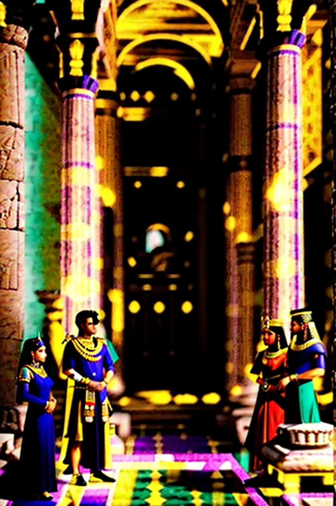 With her brother Ptolemy XIII, Cleopatra and young Ptolemy in royal garments, 51 B.C., traditional Ptolemaic attire, within a lavish Egyptian palace, standing side by side, ornate columns and hieroglyphs in the background, medium shot, hyper-realistic, photorealism, cinematography --ar 16:9