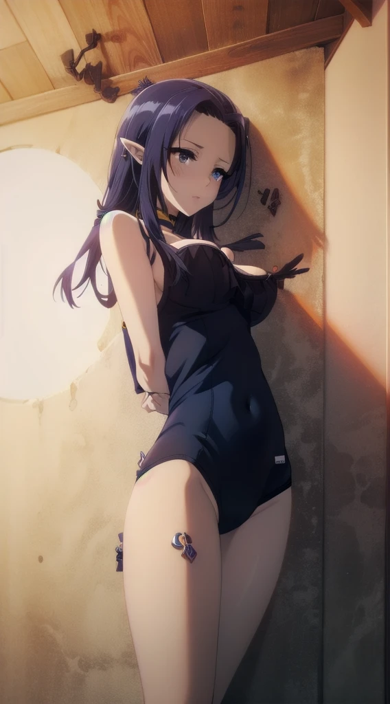 dark blue hair,,long hair,blue eyes,pointy ears,elf,school swimsuit,,clips on breast