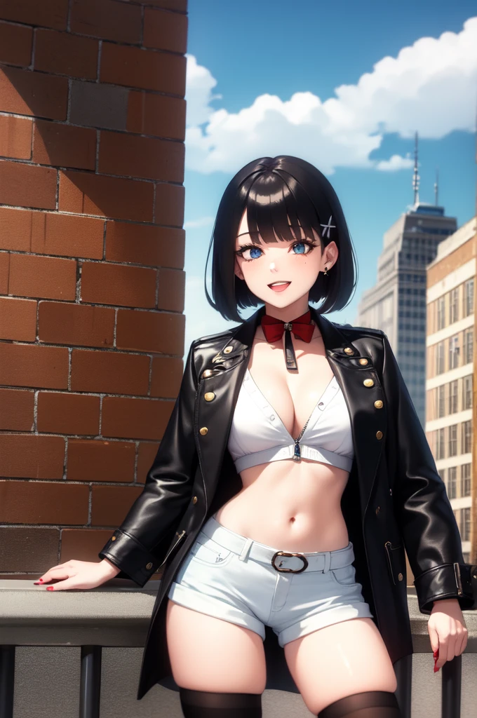 1girl, breasts, solo, smile, eyepatch, cleavage, shorts, short hair, hair ornament, looking at viewer, belt, large breasts, jacket, black shorts, black jacket, long sleeves, white hair, earrings, bangs, shirt, x hair ornament, blue eyes, short shorts, jewelry, cowboy shot, leather, grin, white shirt, detached collar, ribbon, neck ribbon, parted lips, blush, standing, brown belt, collared shirt, building, red ribbon, arms at sides, hairclip, outdoors, thighs, open clothes, navel, blunt bangs, wing collar, open jacket, city, partially unbuttoned, castle, day, leather jacket, teeth, dress shirt, grey hair, one eye covered, buckle, shiny, sky, grey eyes, midriff, ear piercing, belt buckle, leather belt, cityscape, piercing, buttons, collar, bob cut, medium breasts, midriff peek, cloud, tower, shiny clothes, sidelocks, shadow, medium hair, lips, unbuttoned, railing, hair intakes, open mouth, collarbone, blue sky, black belt, skyline, zipper, shiny hair, indoors, cropped jacket, bow, hair over one eye, shiny skin, window, cuffs, no bra, wrist cuffs, latex, skyscraper, arm at side, chain, center opening, skirt, open shirt, thighhighs, cloudy sky, :d, nail polish, hair behind ear, white collar, micro shorts, mole, blazer, partially unzipped, blurry, architecture, blurry background, town, clock tower, black thighhighs, virtual youtuber, hairpin, arch, sunlight, fingernails, zipper pull tab, corset, balcony, sleeve cuffs, stud earrings, red bow, leather pants, pink lips, bowtie, necktie