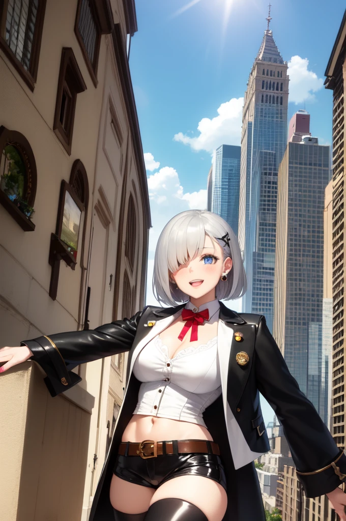 1girl, breasts, solo, smile, eyepatch, cleavage, shorts, short hair, hair ornament, looking at viewer, belt, large breasts, jacket, black shorts, black jacket, long sleeves, white hair, earrings, bangs, shirt, x hair ornament, blue eyes, short shorts, jewelry, cowboy shot, leather, grin, white shirt, detached collar, ribbon, neck ribbon, parted lips, blush, standing, brown belt, collared shirt, building, red ribbon, arms at sides, hairclip, outdoors, thighs, open clothes, navel, blunt bangs, wing collar, open jacket, city, partially unbuttoned, castle, day, leather jacket, teeth, dress shirt, grey hair, one eye covered, buckle, shiny, sky, grey eyes, midriff, ear piercing, belt buckle, leather belt, cityscape, piercing, buttons, collar, bob cut, medium breasts, midriff peek, cloud, tower, shiny clothes, sidelocks, shadow, medium hair, lips, unbuttoned, railing, hair intakes, open mouth, collarbone, blue sky, black belt, skyline, zipper, shiny hair, indoors, cropped jacket, bow, hair over one eye, shiny skin, window, cuffs, no bra, wrist cuffs, latex, skyscraper, arm at side, chain, center opening, skirt, open shirt, thighhighs, cloudy sky, :d, nail polish, hair behind ear, white collar, micro shorts, mole, blazer, partially unzipped, blurry, architecture, blurry background, town, clock tower, black thighhighs, virtual youtuber, hairpin, arch, sunlight, fingernails, zipper pull tab, corset, balcony, sleeve cuffs, stud earrings, red bow, leather pants, pink lips, bowtie, necktie