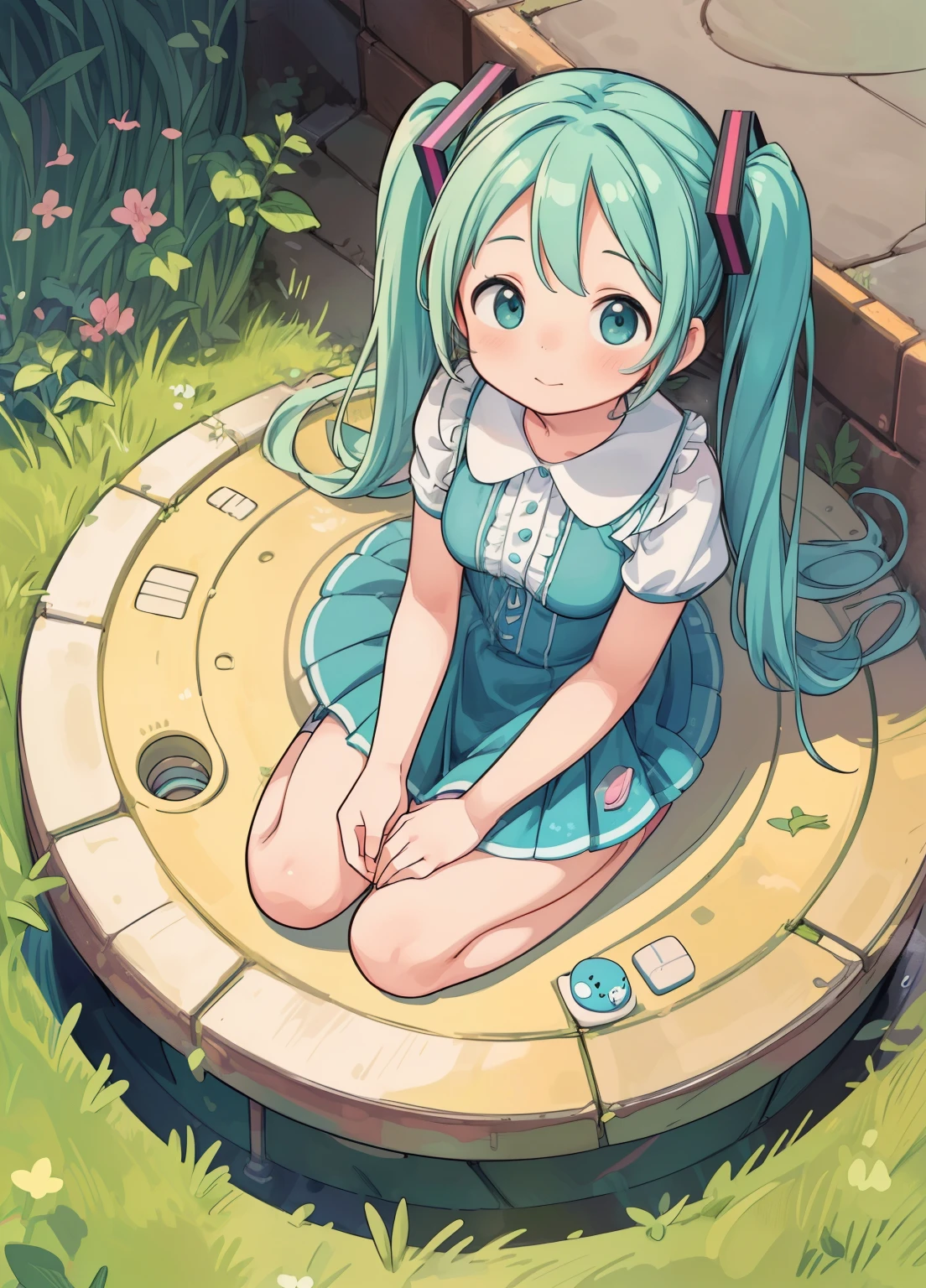 (masterpiece、Highest quality、Highest quality、Official Art、Beautiful and beautiful:1.2)、(One girl:1.3)Hatsune Miku、Twin tails,Beautiful breasts,Manhole Art、Illustration on a manhole cover、Fantasy、wonderful、Rounded edges、colorful、Attention to detail