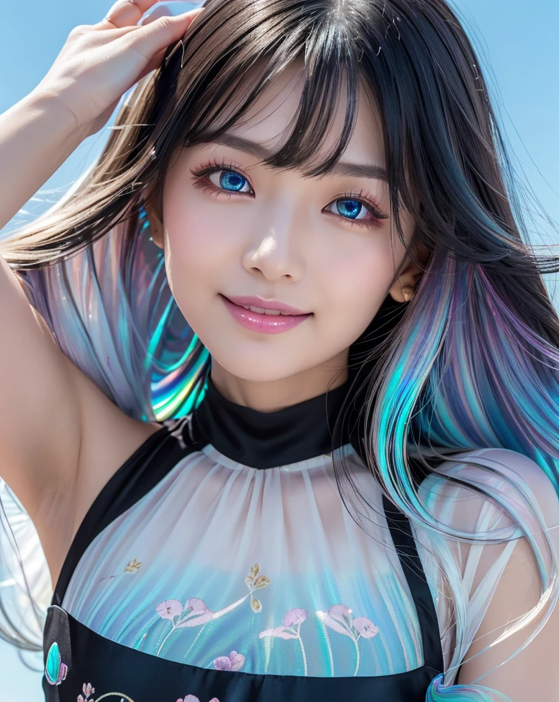 (Highest quality, 32k, High resolution, Masterpiece:1.5, ), marimo_jet, god々A photograph with brilliant dazzling and healing power., Evoking a sense of calm and elusive beauty, Expressing emotions, Have a rich imagination,Beautiful Japanese Girls, An exceptionally beautiful face, Small Face Beauty, Perfect Human Anatomy, Magical big eyes, Motherhood and generosity, Deep Love, fleeting smile, ((Iridescent gradient hair:1.4)), ((Super Long Straight Silk Hair:1.1)), Asymmetrical bangs, Hair between the eyes, Transparent, soft white skin, Sharp eyebrows, Thin lashes, Natural Makeup, Cheek highlighter, Pale pink detailed lips, ((Black floral dress:1.3)), High resolutionの完璧な鎖骨, High resolutionの美しい胸元, Slim figure with ample breasts, High resolutionの美しい太もも, ((Detailed blue sky background:1.2)), Professional Lighting, Professional photographer, Professional models, god秘的