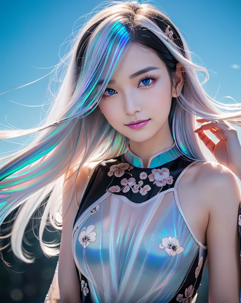 (Highest quality, 32k, High resolution, Masterpiece:1.5, ), marimo_jet, god々A photograph with brilliant dazzling and healing power., Evoking a sense of calm and elusive beauty, Expressing emotions, Have a rich imagination,Beautiful Japanese Girls, An exceptionally beautiful face, Small Face Beauty, Perfect Human Anatomy, Magical big eyes, Motherhood and generosity, Deep Love, fleeting smile, ((Iridescent gradient hair:1.4)), ((Super Long Straight Silk Hair:1.1)), Asymmetrical bangs, Hair between the eyes, Transparent, soft white skin, Sharp eyebrows, Thin lashes, Natural Makeup, Cheek highlighter, Pale pink detailed lips, ((Black floral dress:1.3)), High resolutionの完璧な鎖骨, High resolutionの美しい胸元, Slim figure with ample breasts, High resolutionの美しい太もも, ((Detailed blue sky background:1.2)), Professional Lighting, Professional photographer, Professional models, god秘的