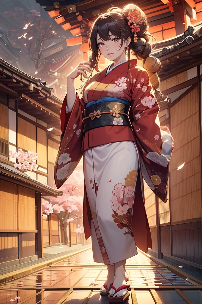 1woman, (((fullbody image))), red kimono with golden embroidery, ((((flying)))), (((((flying over traditional Japanese houses with tiled roofs))))), huge flowing hair adorned with flowers, (best quality:1.2), (4k, 8k, highres, masterpiece:1.2), ultra-detailed, (realistic, photorealistic:1.37), detailed face with flawless skin, beautiful almond-shaped eyes, elegant and graceful pose, intricate kimono patterns with floral and geometric designs, flowing hair with individual strands visible, dramatic lighting casting soft shadows, cinematic composition with dynamic angles, vibrant colors with rich reds and golds, fantasy, digital art, misty background with cherry blossom trees, delicate petals floating in the air, serene and tranquil atmosphere, subtle wind effect on clothing and hair