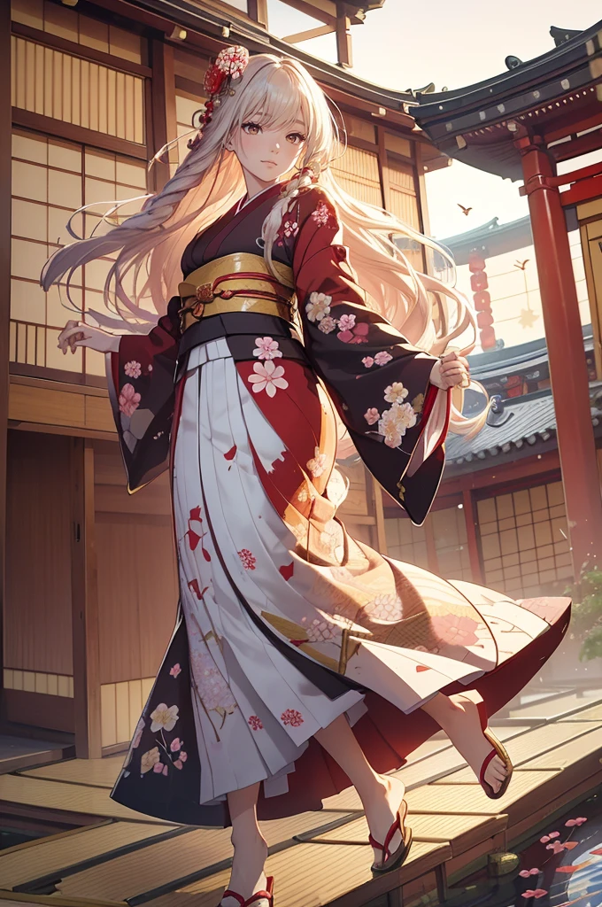 1woman, (((fullbody image))), red kimono with golden embroidery, ((((flying)))), (((((flying over traditional Japanese houses with tiled roofs))))), huge flowing hair adorned with flowers, (best quality:1.2), (4k, 8k, highres, masterpiece:1.2), ultra-detailed, (realistic, photorealistic:1.37), detailed face with flawless skin, beautiful almond-shaped eyes, elegant and graceful pose, intricate kimono patterns with floral and geometric designs, flowing hair with individual strands visible, dramatic lighting casting soft shadows, cinematic composition with dynamic angles, vibrant colors with rich reds and golds, fantasy, digital art, misty background with cherry blossom trees, delicate petals floating in the air, serene and tranquil atmosphere, subtle wind effect on clothing and hair