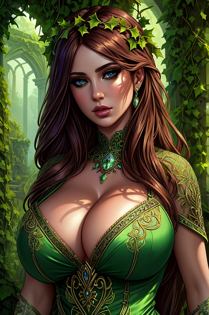 A sexy druidess in an overgrown ruins, vines, ivy and holly, detailed cleavage, beautiful detailed eyes, beautiful detailed lips, extremely detailed face and skin, long flowing hair, intricate ornate jewelry, dramatic dramatic lighting, cinematic composition, vibrant colors, realistic, photorealistic, 8k, high quality, masterpiece