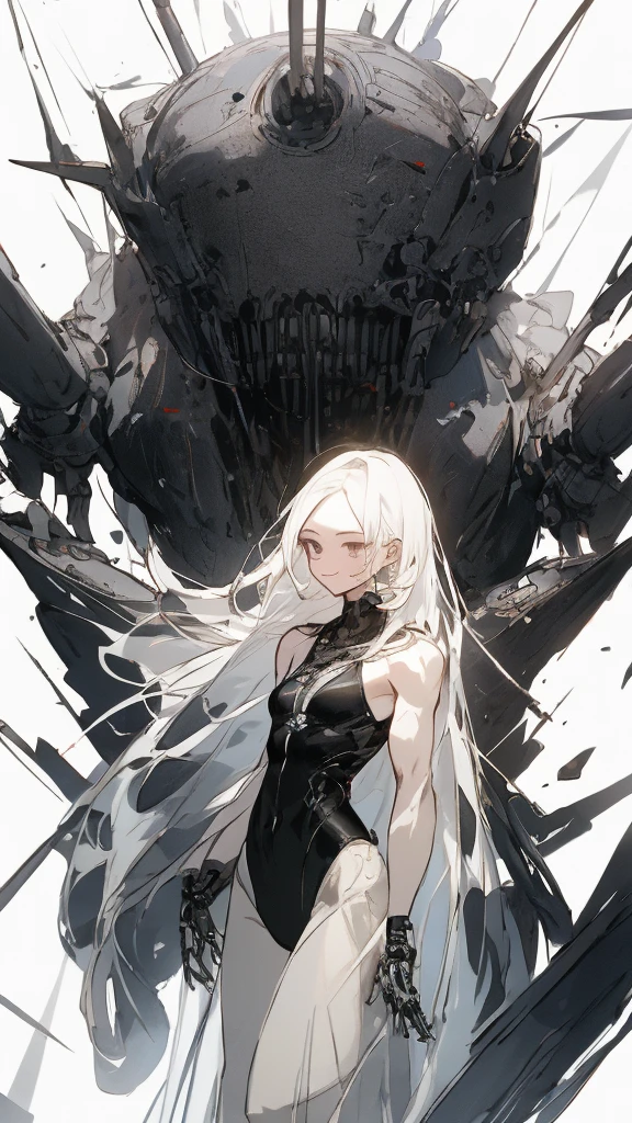 masterpiece, Highest quality, Observe the audience, length Hair, Fresh, (Straight hair:0.7),
Black Theme, ((((Black Ruins,)))),Human whole body,See-through leotard,Front view,Black eyes,Bright Eyes,length, Pure white straight hair,Small 、A light smile,(Full Shot),Ultra-high resolution,Accurate,Very detailed,Awards,Attention to detail,Highest quality,8K、High Leg、mysterious、Quiet abandoned cityscape、mechanical、Beautiful Muscles、beautiful girl